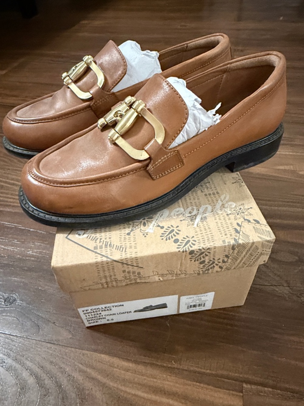 Free People Tan Leather Loafers with Gold Buckle